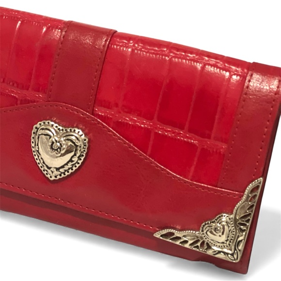 Designer Inspired Croc Embossed Red Leather Silver Decorative Heart/Edge Detail - Picture 2 of 5